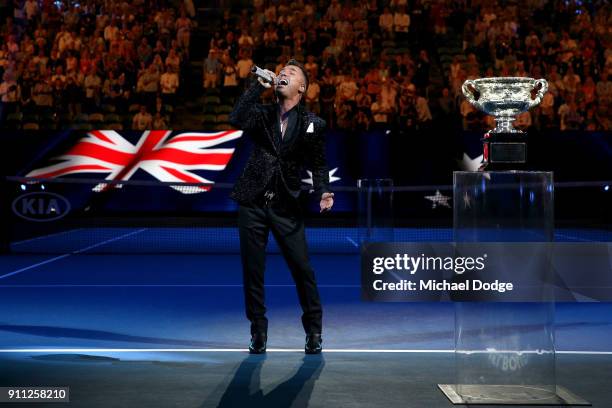 Anthony Callea sings the national anthem ahead of the men's singles final on day 14 of the 2018 Australian Open at Melbourne Park on January 28, 2018...