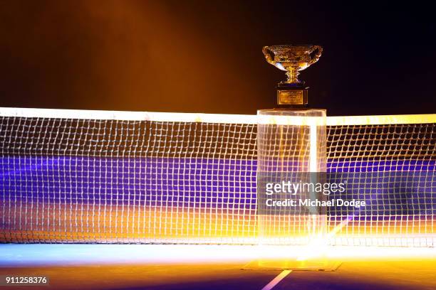 General view of the Norman Brookes Challenge Cup ahead of the men's singles final between Roger Federer of Switzerland and Marin Cilic of Croatia on...