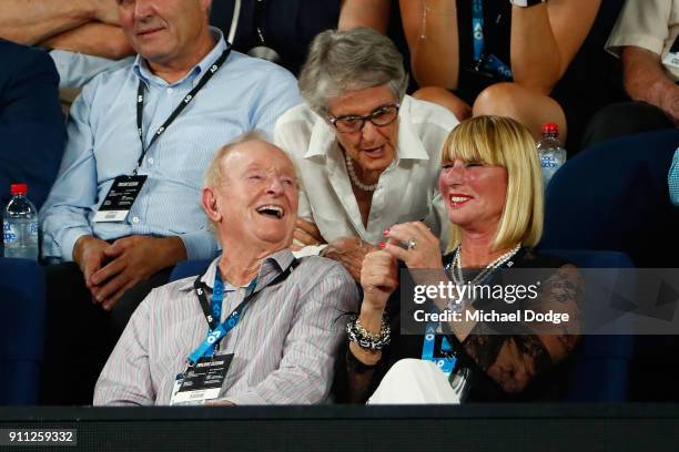 Rod Laver watches the men's singles final between Roger Federer of Switzerland and Marin Cilic of Croatia on day 14 of the 2018 Australian Open at...