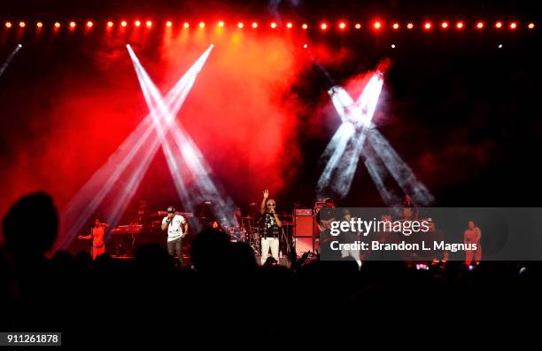 Singers Ricky Bell, Ronnie DeVoe and Michael Bivins of Bell Biv DeVoe perform at the Mandalay Bay Events Center on January 27, 2018 in Las Vegas,...
