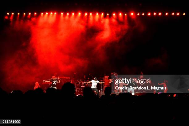 Singe Ronnie DeVoe, Ricky Bell and Michael Bivins of Bell Biv DeVoe perform at the Mandalay Bay Events Center on January 27, 2018 in Las Vegas,...