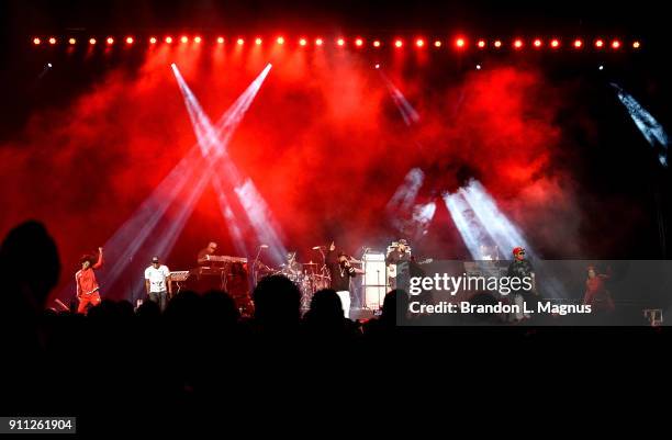 Singe Ricky Bell, Michael Bivins and Ronnie DeVoe of Bell Biv DeVoe perform at the Mandalay Bay Events Center on January 27, 2018 in Las Vegas,...