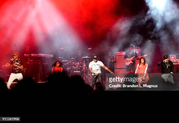 Singer Ronnie DeVoe, Ricky Bell and Michael Bivins of Bell Biv DeVoe perform at the Mandalay Bay Events Center on January 27, 2018 in Las Vegas,...