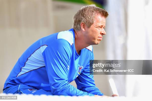 Head Coach Graeme West of the West Indies looks on during the ICC U19 Cricket World Cup Plate Final match between Sri Lanka and the West Indies at...