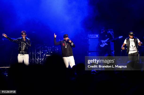 Singers Ronnie DeVoe, Michael Bivins and Ricky Bell of Bell Biv DeVoe perform at the Mandalay Bay Events Center on January 27, 2018 in Las Vegas,...