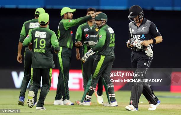 New Zealand's Anaru Kitchen is dismissed during the third Twenty20 international cricket match between New Zealand and Pakistan at Bay Oval in Mount...