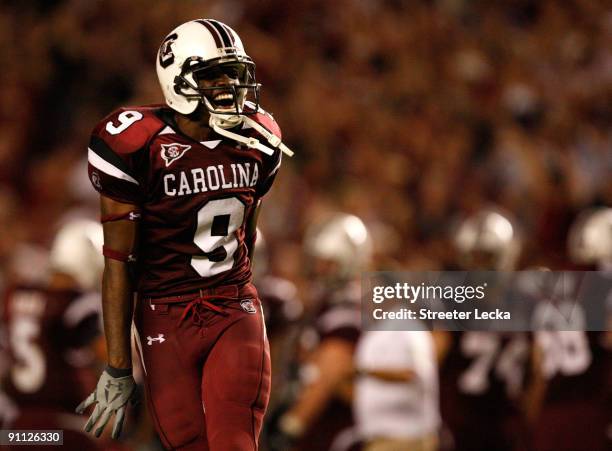 Moe Brown of the South Carolina Gamecocks celebrates with fans after a 16-10 victory over the Ole Miss Rebels after their game at Williams-Brice...