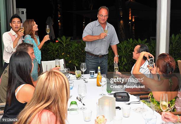 Actor James Belushi thanks the event sponsors during a dinner ahead of the Bangkok International Film Festival at Catch Beach Club, Surin Beach on...