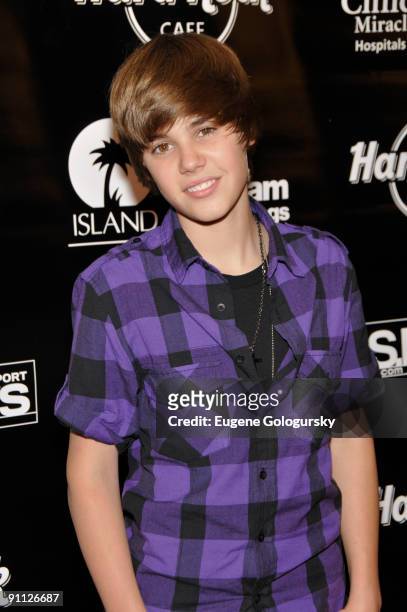 Justin Bieber attends the 3rd annual Tiki Rocks The Square for the Children's Miracle Network at the Hard Rock Cafe, Times Square on September 24,...