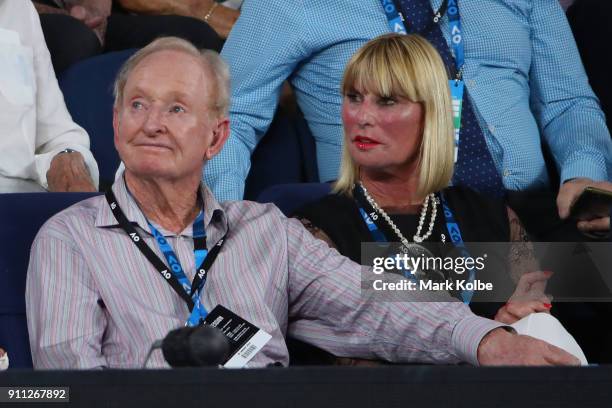 Rod Laver and Andrea Eliscu watch the men's singles final between Roger Federer of Switzerland and Marin Cilic of Croatia on day 14 of the 2018...