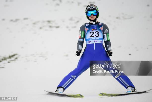 Spela Rogelj of Slovenia competes during the Ljubno FIS Ski Jumping World Cup competition.