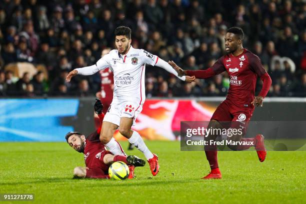 Julian Palmieri of Metz and Bassem Srarfi of Nice during the Ligue 1 match between Metz and Nice at on January 27, 2018 in Metz, .