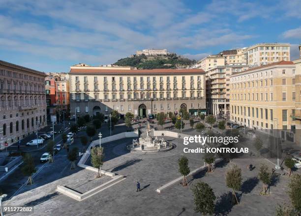 View of the Municipio square in Naples town, Campania region, southern Italy.