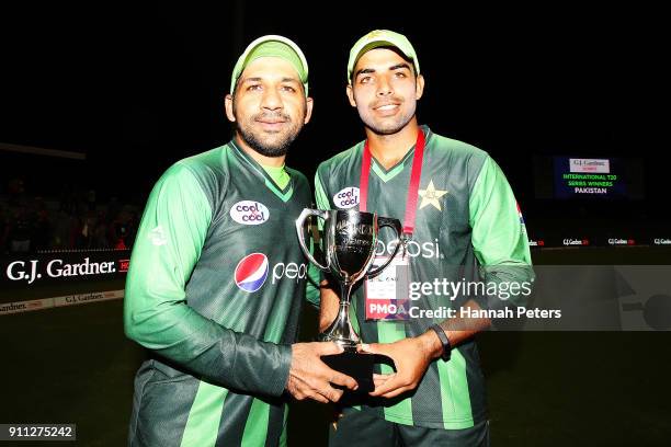 Sarfraz Ahmed and Shadab Khan of Pakistan celebrate after winning game three of the International Twenty20 match between New Zealand and Pakistan at...