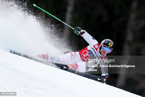 Marcel Hirscher of Austria competes during the Audi FIS Alpine Ski World Cup Men's Giant Slalom on January 28, 2018 in Garmisch-Partenkirchen,...