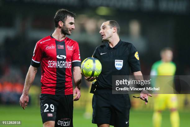 Christophe Kerbrat of Guingamp and Benoit Millot, referee during the Ligue 1 match between EA Guingamp and Nantes at Stade du Roudourou on January...