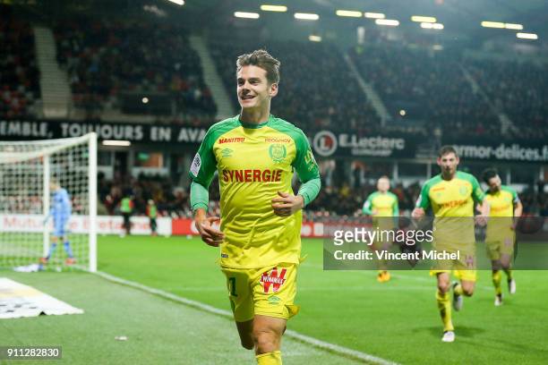 Alexander Kakaniklic of Nantes jubilates after the first goal during the Ligue 1 match between EA Guingamp and Nantes at Stade du Roudourou on...