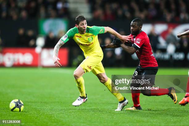 Emiliano Sala of Nantes and Yannis Salibur of Guingamp during the Ligue 1 match between EA Guingamp and Nantes at Stade du Roudourou on January 27,...