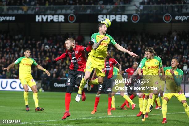 Lucas Deaux of Guingamp and Emiliano Sala of Nantes during the Ligue 1 match between EA Guingamp and Nantes at Stade du Roudourou on January 27, 2018...