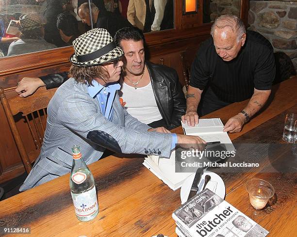 Actors Mickey Rourke, Chuck Zito and Joe Rigano attend the book release party for "The Butcher: Anatomy of a Mafia Psychopath" at Locanda Verde at...