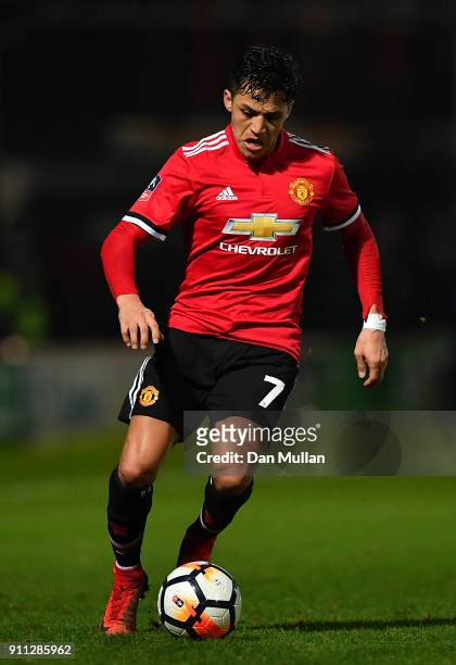 Alexis Sanchez of Manchester United controls the ball during the Emirates FA Cup Fourth Round match between Yeovil Town and Manchester United at...