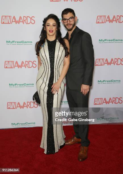 Adult film actress Sheena Ryder and adult film actor Logan Long attend the 2018 Adult Video News Awards at the Hard Rock Hotel & Casino on January...