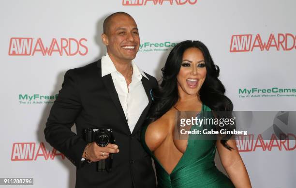 Adult film actor Keegan Kade and adult film actress Kiara Mia attend the 2018 Adult Video News Awards at the Hard Rock Hotel & Casino on January 27,...