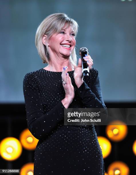 Olivia Newton John speaks onstage during the 2018 G'Day USA Black Tie Gala at InterContinental Los Angeles Downtown on January 27, 2018 in Los...