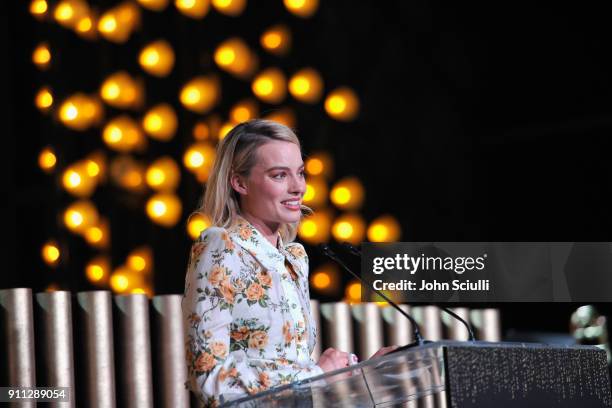 Honoree Margot Robbie speaks onstage during the 2018 G'Day USA Black Tie Gala at InterContinental Los Angeles Downtown on January 27, 2018 in Los...