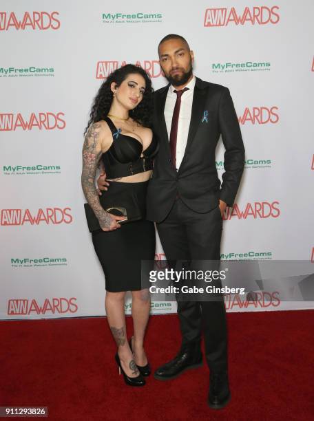 Adult film actress Arabelle Raphael and adult film actor Mickey Mod attend the 2018 Adult Video News Awards at the Hard Rock Hotel & Casino on...
