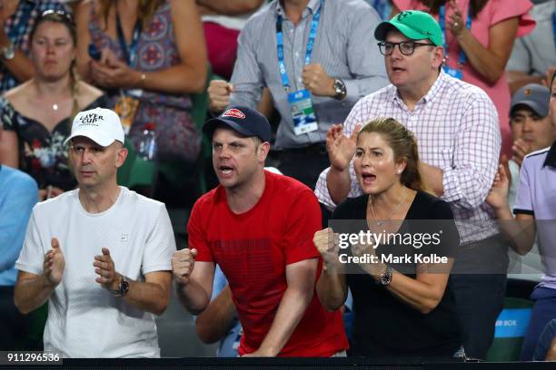 Mirka Federer and Roger Federer's coaching staff watch the men's singles final from the player's box on day 14 of the 2018 Australian Open at...