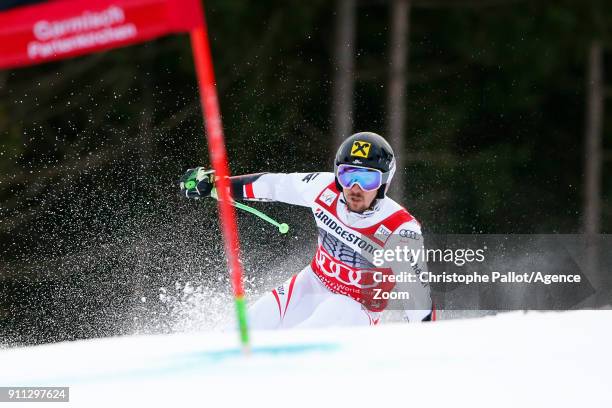 Marcel Hirscher of Austria in action during the Audi FIS Alpine Ski World Cup Men's Giant Slalom on January 28, 2018 in Garmisch-Partenkirchen,...