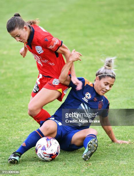 Emily Hodgson of Adelaide United and Katrina-Lee Gorry of Brisbane Roar during the round 13 W-League match between Adelaide United and the Brisbane...