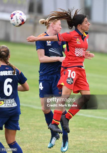 Clare Polkinghorne of Brisbane Roar and Alexandra Chidiac of Adelaide United during the round 13 W-League match between Adelaide United and the...