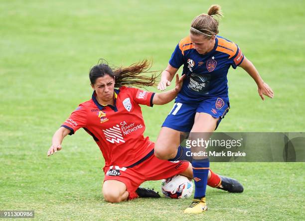 Natalie Tathem of Brisbane Roar fouls Alexandra Chidiac of Adelaide United during the round 13 W-League match between Adelaide United and the...