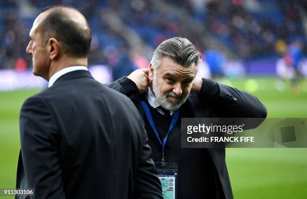 Montpellier's French club president Laurent Nicollin reacts during the French L1 football match between Paris Saint-Germain and Montpellier at the...