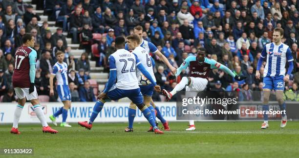 West Ham United's Pedro Obiang with a first half shot during the The Emirates FA Cup Fourth Round match between Wigan Athletic and West Ham United at...