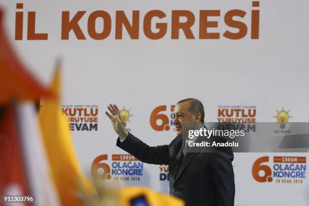 President of Turkey and Leader of the Justice and Development Party Recep Tayyip Erdogan delivers a speech during the 6th Ordinary Provincial...