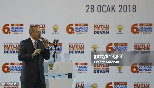 President of Turkey and Leader of the Justice and Development Party Recep Tayyip Erdogan delivers a speech during the 6th Ordinary Provincial...