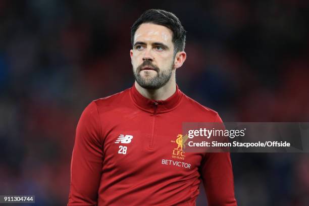 Danny Ings of Liverpool looks on during the warm-up before The Emirates FA Cup Fourth Round match between Liverpool and West Bromwich Albion at...