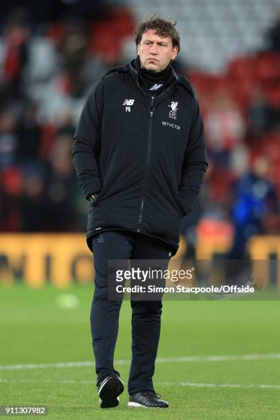 Liverpool assistant coach Peter Krawietz looks on during the warm-up ahead of The Emirates FA Cup Fourth Round match between Liverpool and West...