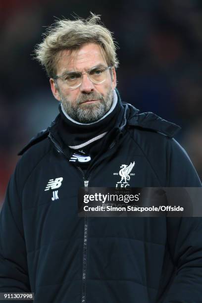 Liverpool manager Jurgen Klopp looks on during The Emirates FA Cup Fourth Round match between Liverpool and West Bromwich Albion at Anfield on...