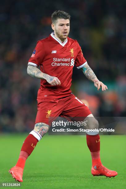Alberto Moreno of Liverpool in action during The Emirates FA Cup Fourth Round match between Liverpool and West Bromwich Albion at Anfield on January...