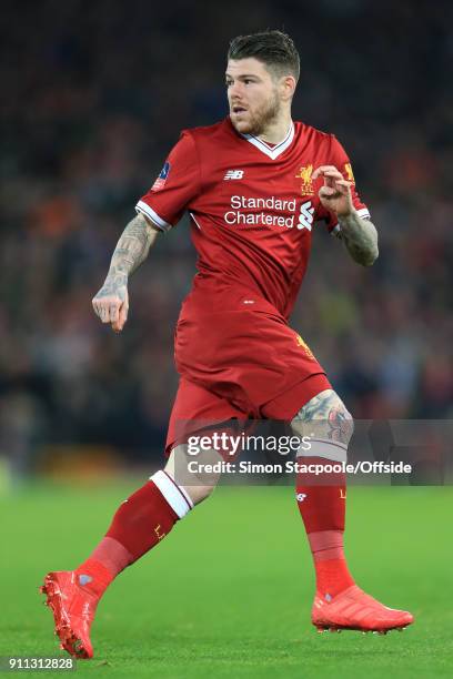 Alberto Moreno of Liverpool in action during The Emirates FA Cup Fourth Round match between Liverpool and West Bromwich Albion at Anfield on January...