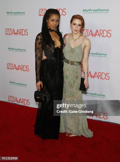 Adult film actresses Kira Noir and Anna de Ville attend the 2018 Adult Video News Awards at the Hard Rock Hotel & Casino on January 27, 2018 in Las...