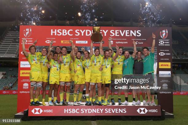 Australia celebrate victory in the Men's final match after defeating South Africa during day three of the HSBC Sydney Sevens at Allianz Stadium on...