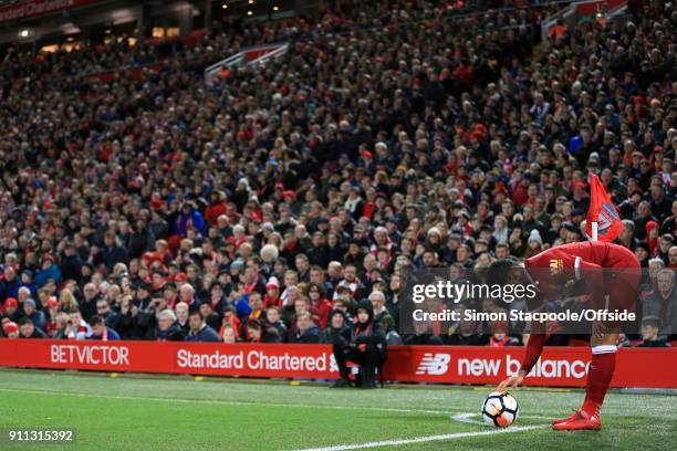 Alex Oxlade-Chamberlain of Liverpool places the ball for a corner during The Emirates FA Cup Fourth Round match between Liverpool and West Bromwich...