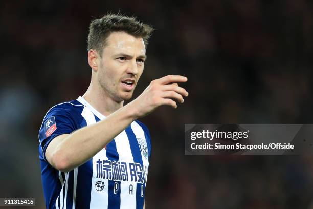 Jonny Evans of West Brom gestures during The Emirates FA Cup Fourth Round match between Liverpool and West Bromwich Albion at Anfield on January 27,...