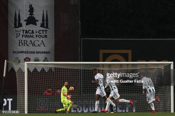 Vitoria Setubal forward Goncalo Paciencia from Portugal celebrates after scoring a goal during the Portuguese League Cup Final match between Vitoria...