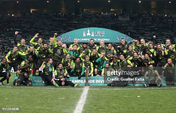 Sporting CP players celebrate with the trophy after winning the Portuguese League Cup at the end of the Portuguese League Cup Final match between...